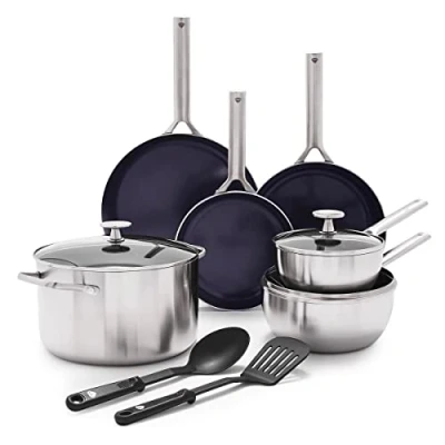 Image of Blue Diamond Cookware Triple Steel Stainless Reinforced Ceramic Nonstick 11 Piece Pots and Pans Set, Frying Pans, Chef Stockpot, PFAS Free, Multi Clad,Induction,Oven Safe,Silver