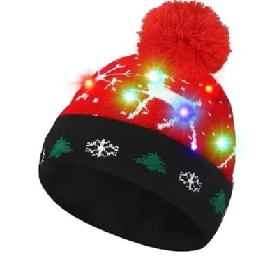 Image of Topzilly LED Light Up Christmas Beanie Hat Fun Festive Hats for Adults &amp; Kids Cozy Bobble with Flashing Lights Elf Hats, Baby Hat, Holiday Gifts Parties (Flying Elk Red)