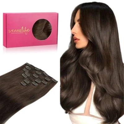 Image of WENNALIFE Hair Extensions Clip In, 14 Inch 120g 7pcs In Real Human Chocolate Brown Coloured Remy