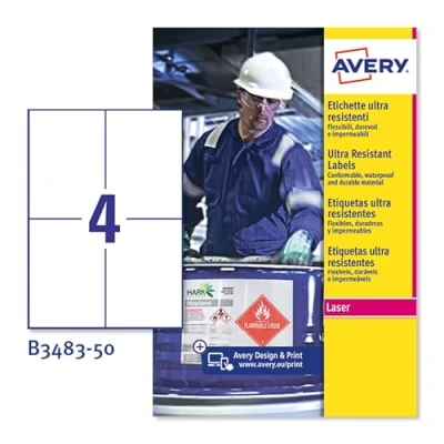 Image of Avery B3483 50 Extra Strong Adhesive, Ultra Heavy Duty Industrial Waterproof Labels, 4 Labels Per A4 Sheet, White