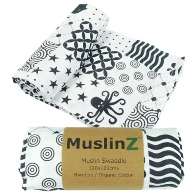 Image of MuslinZ Newborn Sensory Muslin squares in Black and White for Visual Stimulation Play. Baby Bamboo/Organic Cotton mix. (Sensory, 120x120cms)