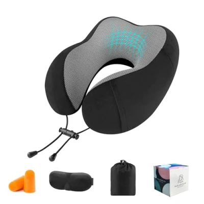 Image of CNMTCCO Travel Pillow Comfortable Neck for Travel, Memory Foam Head Support Soft Sleeping Rest Airplane Car &amp; Home Use, with Ear Plugs, Eye Mask Carry Bag (Black)
