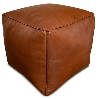 Image of See the Good Square Leather Pouffe Handmade Delivered stuffed Ottoman footstool, floor cushion (Caramel Brown)