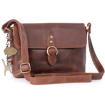 Image of Catwalk Collection Handbags Women&#039;s Leather Cross Body Bag Small Flapover Shoulder Adjustable Crossbody Strap FREYA Brown