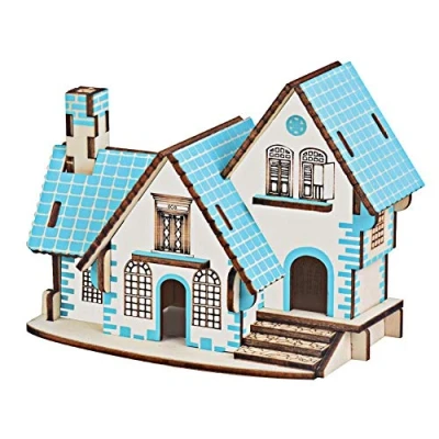 Image of 3D Wooden Puzzle, Educational Villa House Puzzle Pink Blue Dream Cabin Building Model Craft Toy Set
