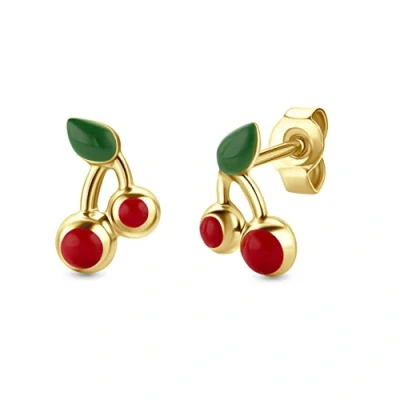 Image of Miore Kids red and green cherry stud earrings enalmel for children in 9 kt 375 yellow gold 9.5 x 7 mm post butterfly