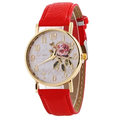 Image of HshDUti Women&#039;s Fashion Rose Flower Printed Round Dial Faux Leather Strap Quartz Analog Wrist Watch Ladies Watches Girls Christmas Birthday Gifts Red