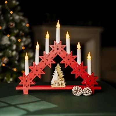 Image of Marco Paul Red Wooden Candle Bridge 7 LED Battery Powered Traditional Christmas Decoration for Table Centrepiece, Light Up Decorations, Window