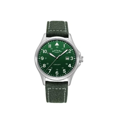Image of Rotary Mens Pilot Analogue Quartz Watch with Green Dial and Canvas Strap GS00473/56