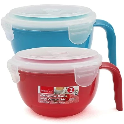 Image of SOL 2pk Microwavable Containers with Vented Lids 900ml Soup Mugs Handles for Home &amp; Office Dishwasher Safe Microwave Bowls Leak Proof