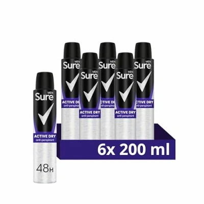 Image of Sure men Active Dry Anti Perspirant Aerosol deodorant for 48 hour sweat and odour protection 6x 200 ml