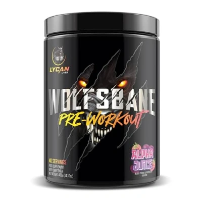 Image of WOLFSBANE PRE WORKOUT POWDER, ENERGY, PERFORMANCE, FOCUS, PUMPS, EUPHORIA, with L Citrulline Malate, Beta Alanine, Juglans Regia, Tyrosine, 40/20 Servings (Alpha Juice Black Cherry &amp; Raspberry)