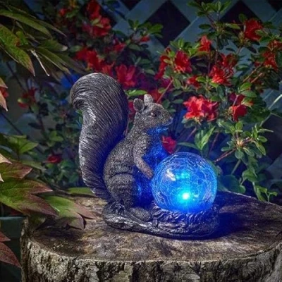 Image of Garden Mile Solar Ornament Animal Decor Patio Door Waterproof Weatherproof Outdoor Squirrel Colour Changing Bright LED Lights Orb Crackle Glass Ball 22 x 19cm