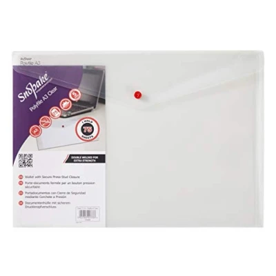 Image of Snopake A3 Polyfile Popper Wallet with Press Stud Closure Clear [Pack of 5] Ref: 11174