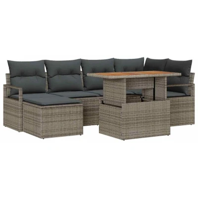 Image of vidaXL 7 Piece Garden Sofa Set with Cushions Grey Poly Rattan Acacia