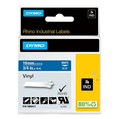 Image of DYMO Rhino Industrial Vinyl Labels 19 mm x 5.5 m White Print on Blue Self Adhesive for LabelManager &amp; Label Makers