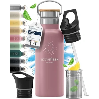 Image of Stainless Steel Water Bottle with Straw, Infuser &amp; 3 Lids: 1 0,5L Leak Proof Vacuum Insulated ACTIVE FLASK Drinking Bottles Hot Cold: Double Walled Outdoor Drink Thermo Mug Tea Coffee Sport Gym Bike