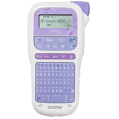 Image of BROTHER, PT H200 Label Maker, P Touch Craft Printer, Handheld, QWERTY Keyboard, Up to 12 mm Labels, Includes Gold on White Tape Cassette , White/Violet