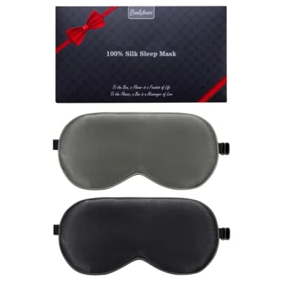Image of BeeVines Silk Sleep Mask, 2 Pack 100% Real Natural Eye Mask with Adjustable Strap, Sleeping Shade Cover for Summer Travel Yoga Nap Reduces Puffy Eyes (Black &amp; Rich Purple)