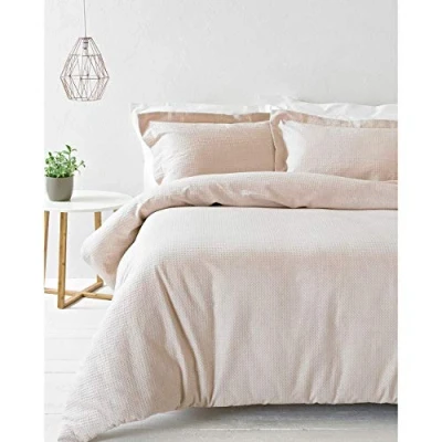 Image of &quot;Riva Home Paoletti Double Duvet Cover Set Blush Pink Waffle Weave Texture 2 x Oxford Border Pillowcases Included 100% Cotton Machine Washable 200 200cm (79&quot;&quot; 79&quot;&quot; inches)&quot;