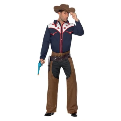 Image of Smiffys Rodeo Cowboy Costume, Blue with Shirt, Chaps and Hat, Cowboys Indians Fancy Dress, Adult Dress Up Costumes