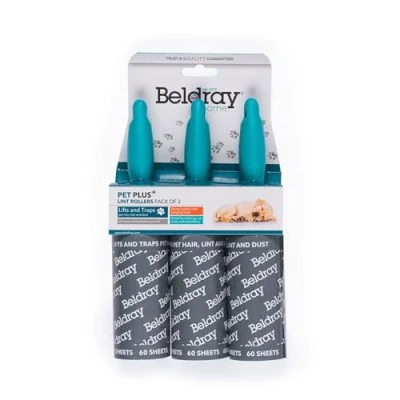 Image of Beldray LA074416EU Pet Plus+ Lint Rollers 3 Pack Handheld Removers, 60 Sticky Paper Sheets Per Roller, Tear Off Sheets, Lift &amp; Trap Hair, Dust From Clothes Furniture, Durable Handles