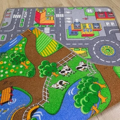 Image of Children&#039;s Double Sided Play Village Farm Mat Town City Car Roads Rug