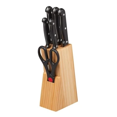 Image of Chef Aid 7 Piece Knife Block Set, Pinewood with 5 Kitchen Knives and All Purpose Scissors, Shaped Grip Handles