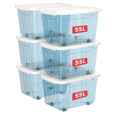 Image of Cetomo 55L*6 Storage Boxes with Wheels, Plastic Box Lid, Latching Buckles, Click Closure, Stackable, Nesting, Durable Organizer for Home Office Clothes, Clear Blue, 55L 6 Pack