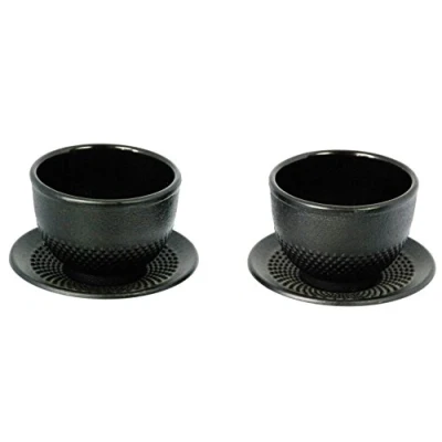 Image of Buckingham Japanese Style Cast Iron hob Nail Tea Cup and Saucer Set 2 of Each, Black