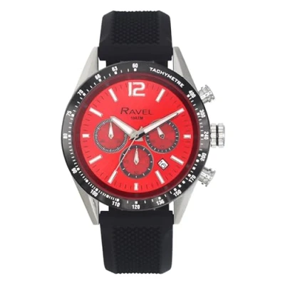 Image of Ravel Pro Round Stainless Steel Chronograph Watch with Date 100m Water Resistant Analogue Quartz RPR 002M Black Silicone Strap/Red Dial
