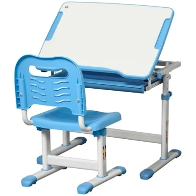 Image of HOMCOM Kids Desk and Chair Set, Height Adjustable Student Writing Desk, Children School Study Table with Tiltable Desktop, Drawer, Pen Slot, Hook Blue