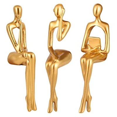 Image of Jetcloud 3Pcs Thinker Statue Decor Modern Abstract Art Gold Figurines Resin Collectible Decorative Sculpture for Bookshelf Home Office Living Room Table Desktop