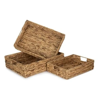 Image of Red Hamper Water Hyacinth Shallow Rectangular Storage Basket Set 3, Wicker, Brown, of 3