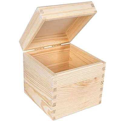 Image of Creative Deco Square Wooden Storage Box Cube 16x16x16cm (+/ 1cm) Hinged Lid No Handles Plain Unpainted &amp; Unfinished Gift Jewellery Keepsake Trinket Chest Treasure