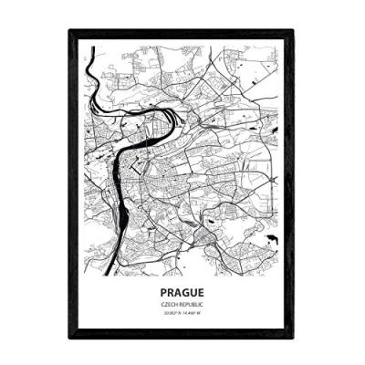 Image of Nacnic Poster with map of Prague Czech Republic. Sheets cities in Europe seas and rivers black color. A3 size