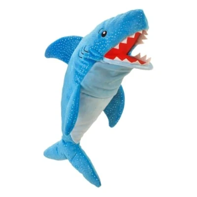 Image of Shark Hand Puppet for Kids by Fiesta Crafts Soft &amp; Interactive Toy with Moving Mouth Arms Role Play, Creativity Sensory Skills Toys 3 9 Year Old Boys Girls