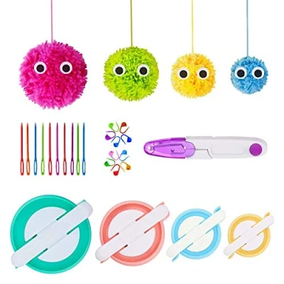 Image of Pompom Maker Kits, pom Knitting Loom Kit Fluff Ball Weaver Needle Craft DIY Crochet Tool Kit, 4PS Maker+10PS Stitch Markers+10PS Plastic Needles (25)