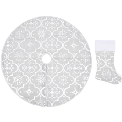 Image of vidaXL Luxury Christmas Tree Skirt with Matching Sock Grey 150 cm Decor Fabric Base Mat Snow Pattern