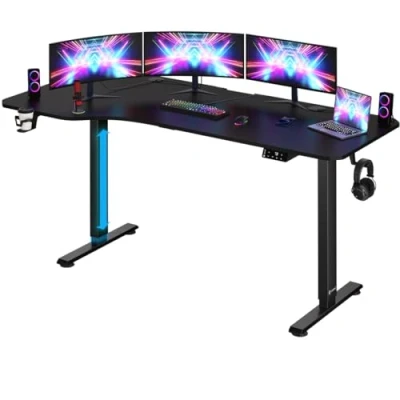 Image of CASARIA® Carbon Fibre Look L Shaped Motorised Sit Stand Desk Height Adjustable 73 118cm 160x75cm Deskop LCD Display Standing Home Office Gaming Computer Table Headset, Drink Holder