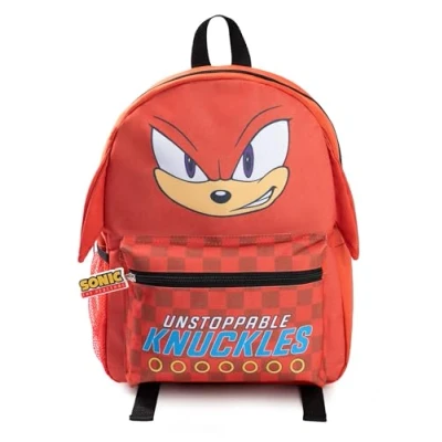 Image of Sonic the Hedgehog Kids 3D Knuckles Echidna Backpack Red Checkered Zip Front Pocket with Unstoppable Knuckles! Text Character Travel Bag for School Merch