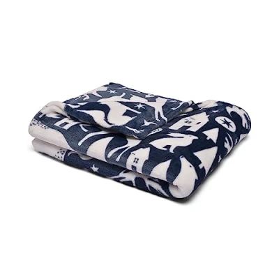 Image of Fusion Navy Blue Woodland Animals Fleece Blanket (120 x 150cm) Soft &amp; Cosy Scandi Throw Fox, Bear Rabbit Print in Forest Scandinavian Theme Blanket/Throw for Home