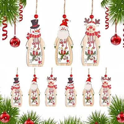 Image of TANGGER 9 PCS Christmas Tree Pendant Decoration Hanging Ornaments Santa Claus Snowman Elk Wooden Crafts