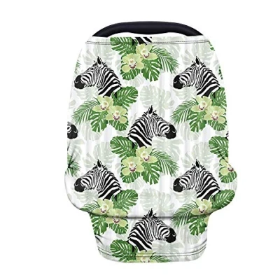 Image of Binienty Multi Use Cover Shopping Cart/High Chair/Stroller Cover, Stretch Baby Carseat Canopies, Zebra Monstera Leaves Print