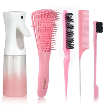 Image of LORSEX Hair Brush with Spray Bottle, Detangling for Black Natural Hair, Afro American Type 3a 4c, 3 Pcs Slick Set, Plastic Bristle Teasing Comb Edge (Pink)