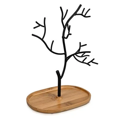 Image of Navaris Metal Jewellery Tree Stand Organiser Hanger Display Holder with Wooden Dish Base to Store Necklaces, Bracelets, Rings, Accessories