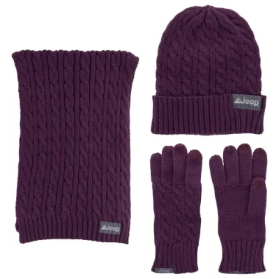 Image of Jeep Unisex&#039;s Men&#039;s and Women&#039;s 3 Piece Cable Knit Scarf, Beanie, Gloves Set One Size Fits Most Winter Accessory, Purple