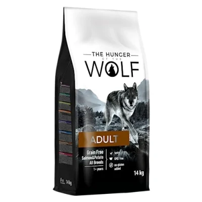 Image of the Hunger of Wolf Dry Dog Food For All Breeds and Allergic Dogs, Delicate Grain Free Formula with Salmon Potatoes, Adult 14 kg