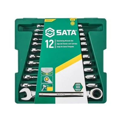 Image of SATA ST09040 02 12 Piece Metric Ratcheting Wrench/Spanner Set, Polished, 8mm 19mm, with Tray