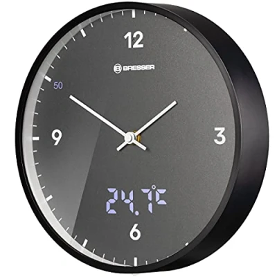 Image of Bresser MyTime LEDsec Controlled Wall Clock with 24 cm Large Dial, LED Second Display, Indoor Temperature and Silent Radio Movement, Anthracite, Gray, Standard
